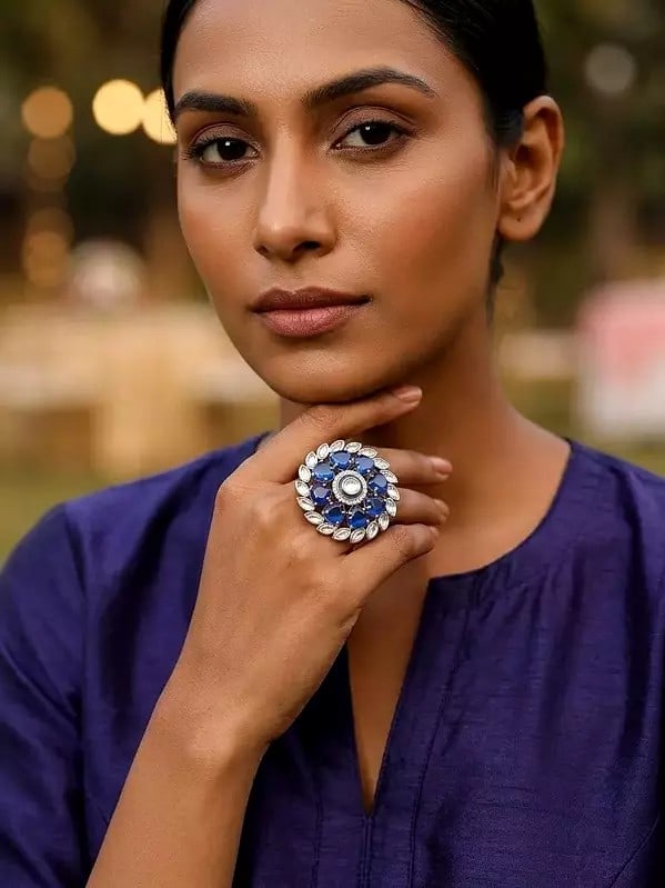 Floral Design Kundan Stone Studded Adjustable Cocktail Ring: Title:Floral Design Kundan Stone Studded Adjustable Cocktail Ring Reference:itemcode : JA0702-SilverBlue Reserve: $43.00 Shipping: Domestic: Shipping rates are determined by destination