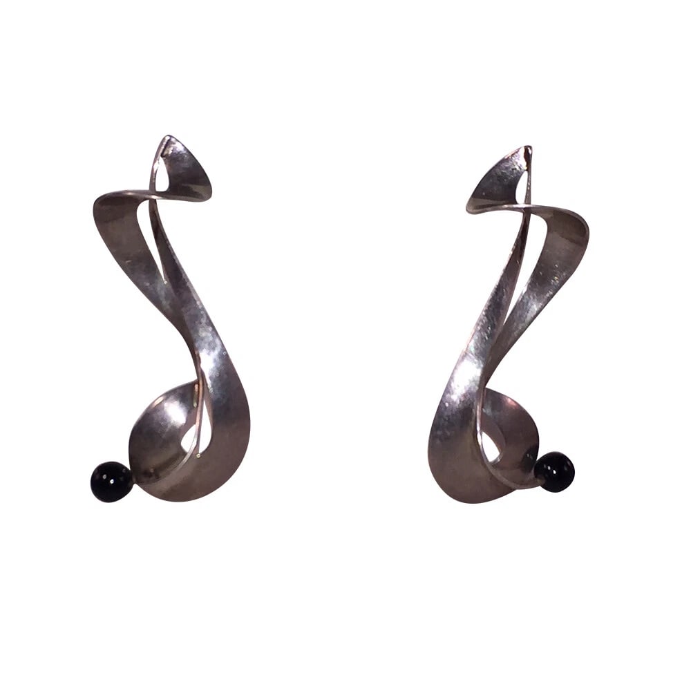 Signed Figural Sterling Silver Black Onyx Bead Earrings - 2