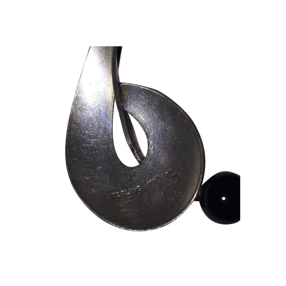 Signed Figural Sterling Silver Black Onyx Bead Earrings - 6