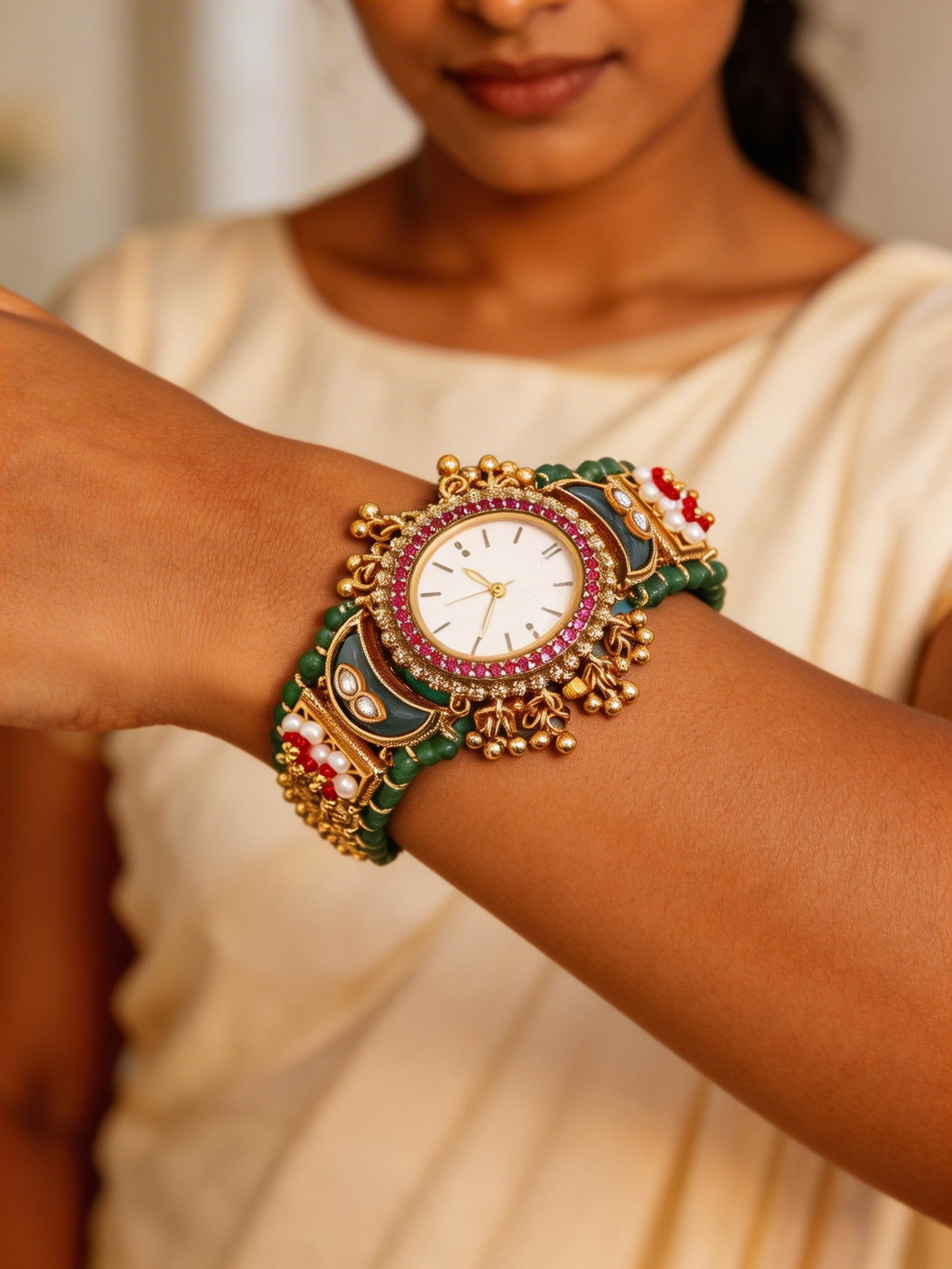 Floral Design Kundan Studded Kashmiri Watch with Bead Drops (1 of 2)