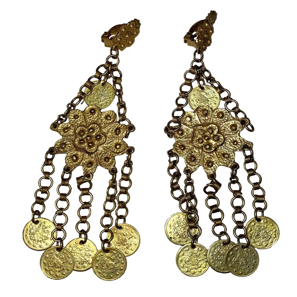 Brass Bohemian Tribal Chandelier Dangle Coin Earrings - 3