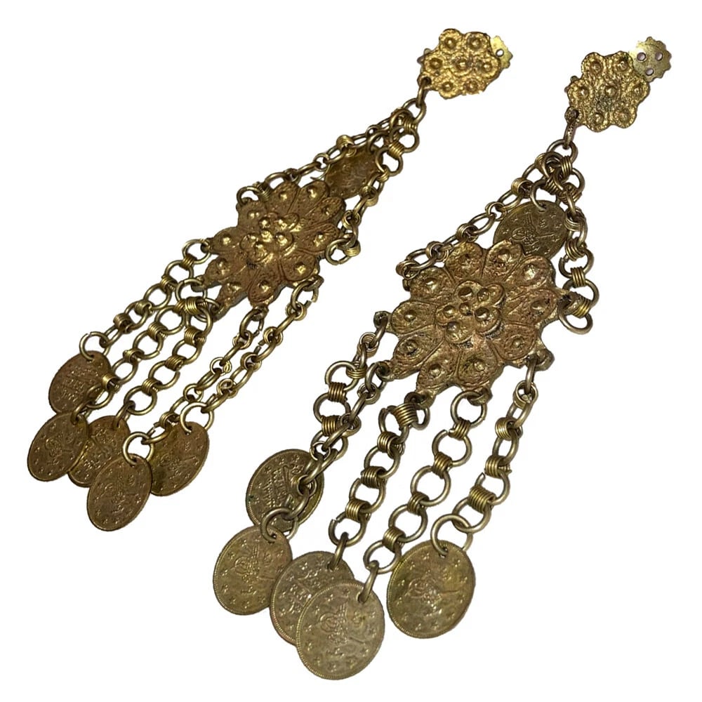 Brass Bohemian Tribal Chandelier Dangle Coin Earrings - 4