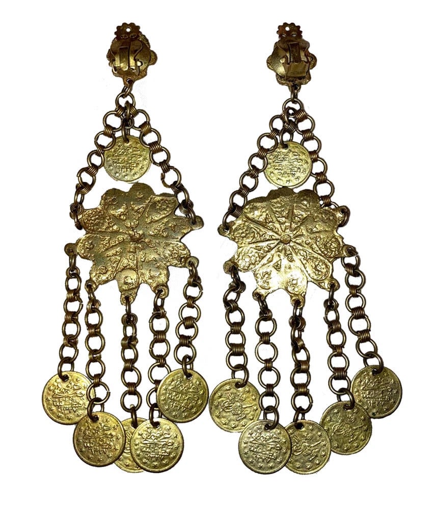Brass Bohemian Tribal Chandelier Dangle Coin Earrings - 5