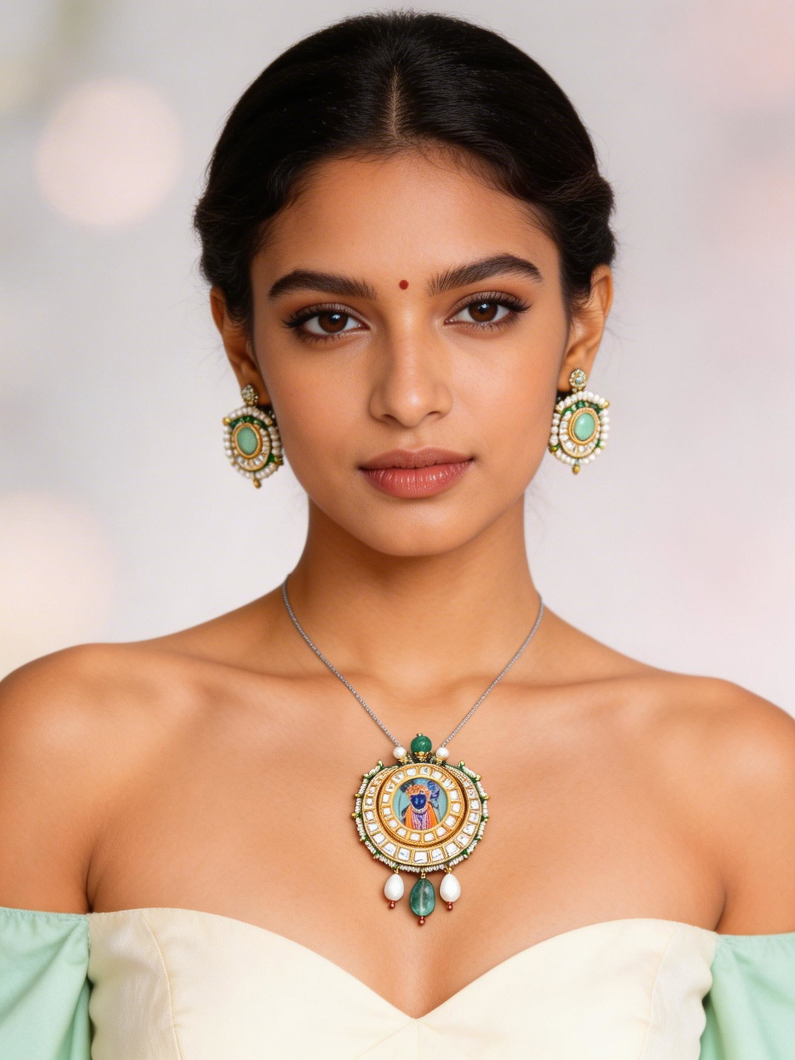 Dwarkadhish Kundan Studded Pendant and Earrings Set with Bead Drops: Title:Dwarkadhish Kundan Studded Pendant and Earrings Set with Bead Drops Reference:itemcode : JA0693 Reserve: $103.00 Shipping: Domestic: Shipping rates are determined by destination International: