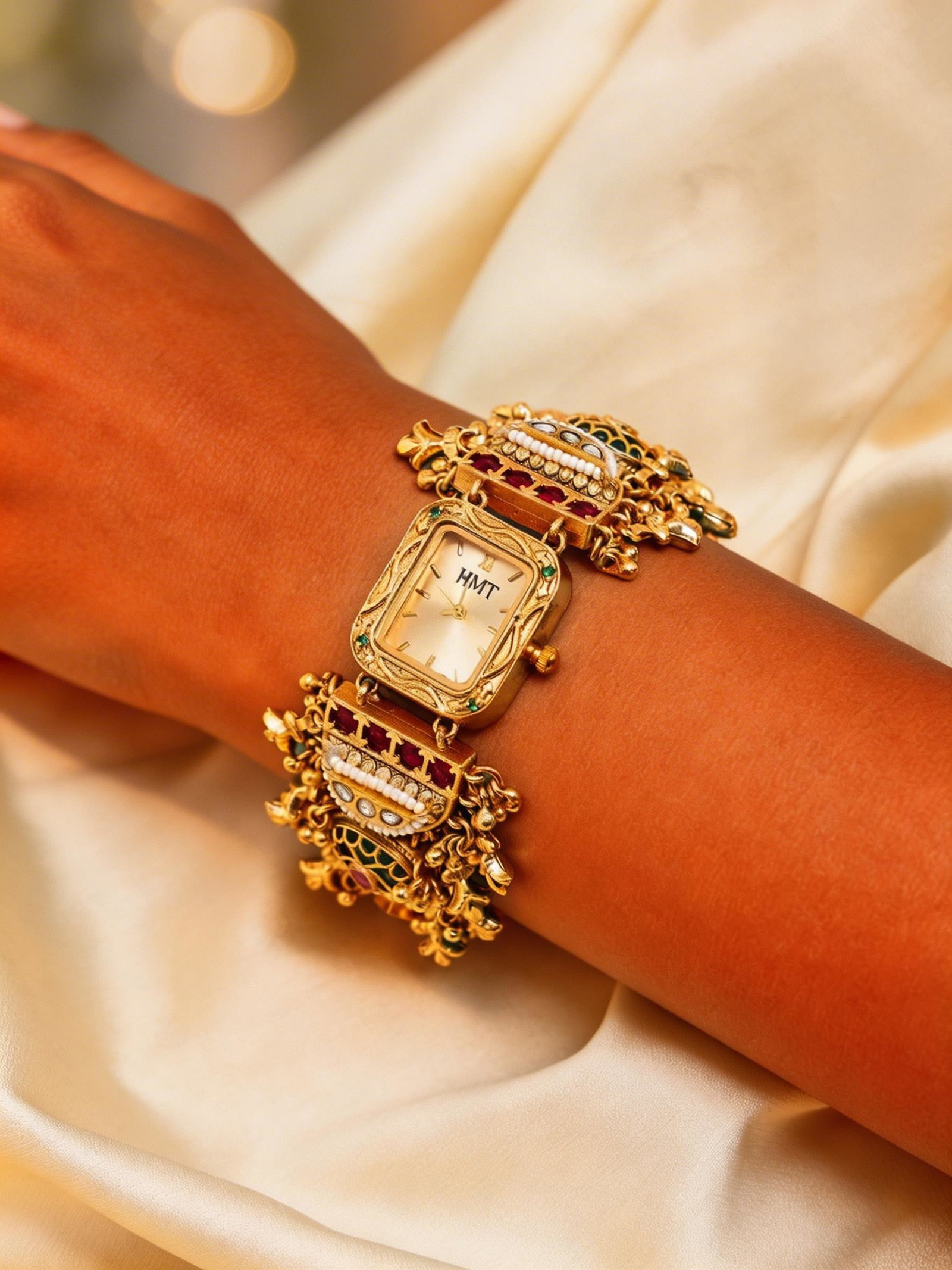 Meenakari Kundan Studded Kashmiri Watch with Ghungroo Drops: Title:Meenakari Kundan Studded Kashmiri Watch with Ghungroo Drops Reference:itemcode : JA0682 Reserve: $76.00 Shipping: Domestic: Shipping rates are determined by destination International: Foreign sh