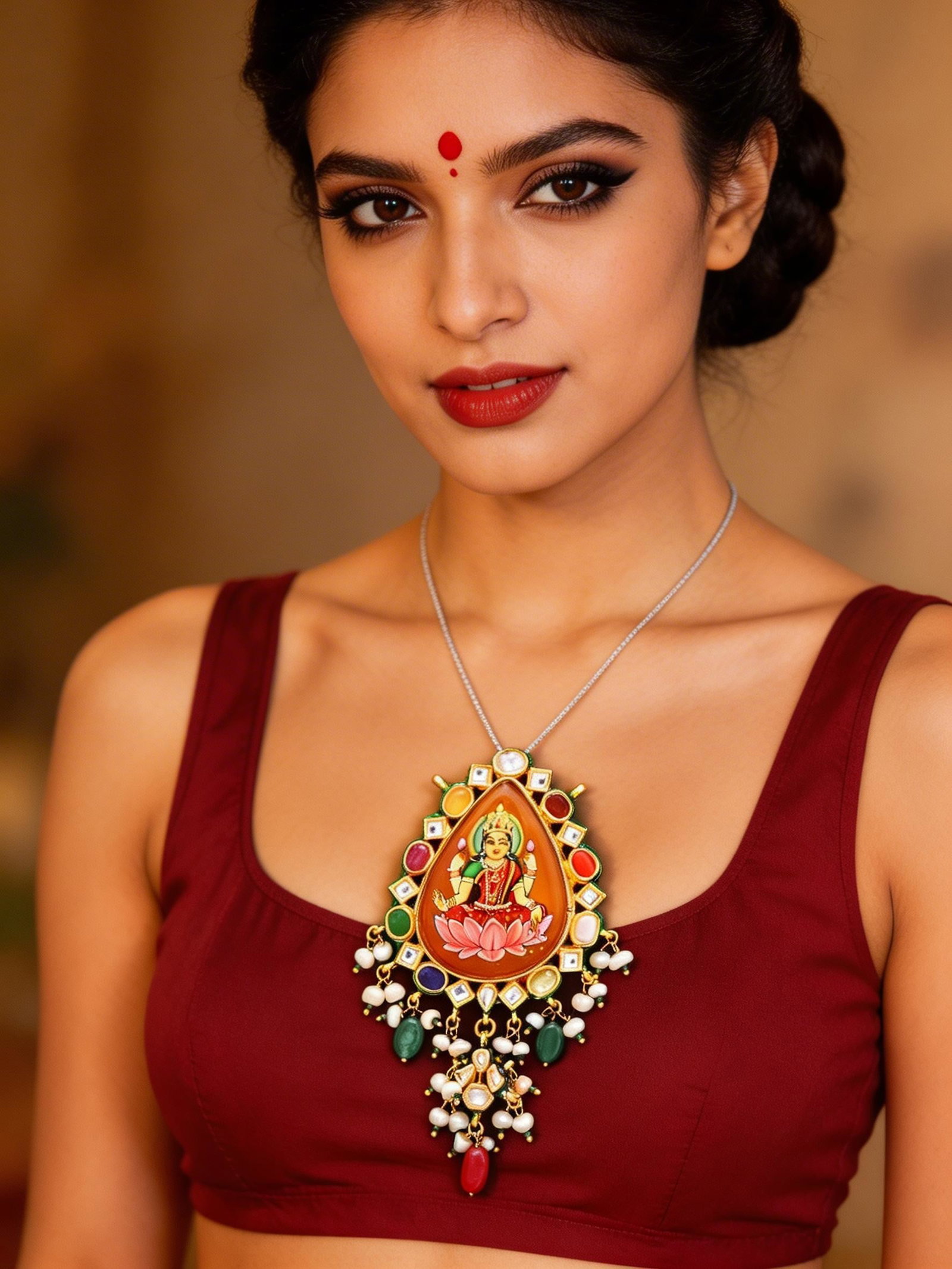 Goddess Lakshmi Navratna Pendant with Kundan Work and Bead Drops: Title:Goddess Lakshmi Navratna Pendant with Kundan Work and Bead Drops Reference:itemcode : JA0695 Reserve: $113.00 Shipping: Domestic: Shipping rates are determined by destination International: