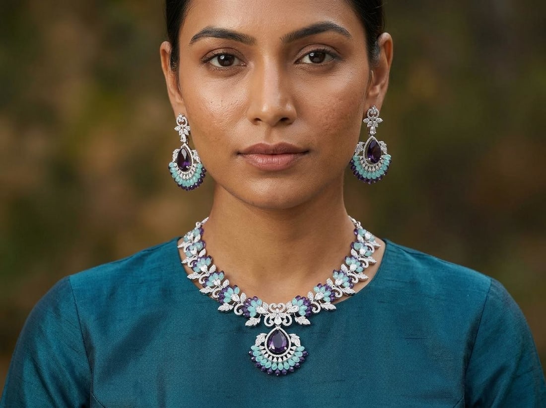 Leaf Design Stone Studded American Diamond Necklace Set - 2