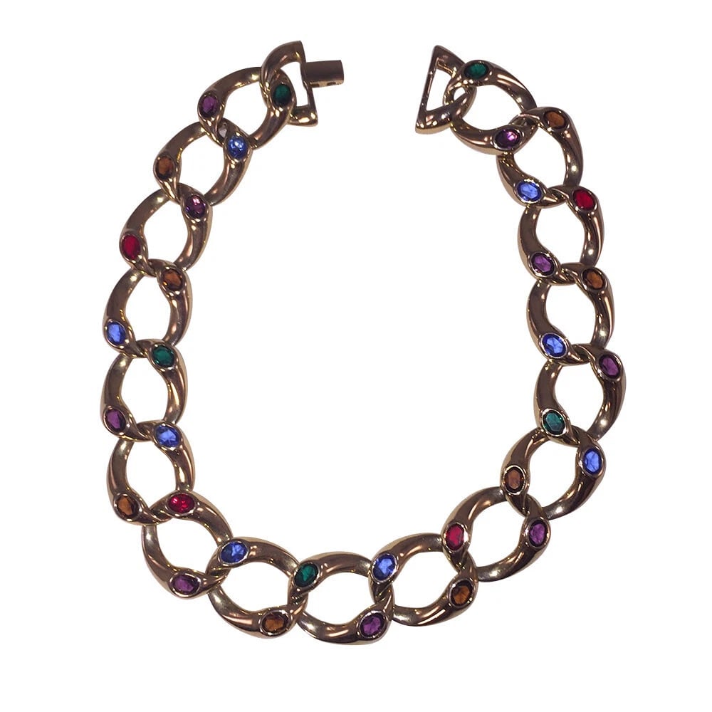 Vintage Signature Gold Tone Chain Link Necklace with Simulated Gemstones (1 of 6)