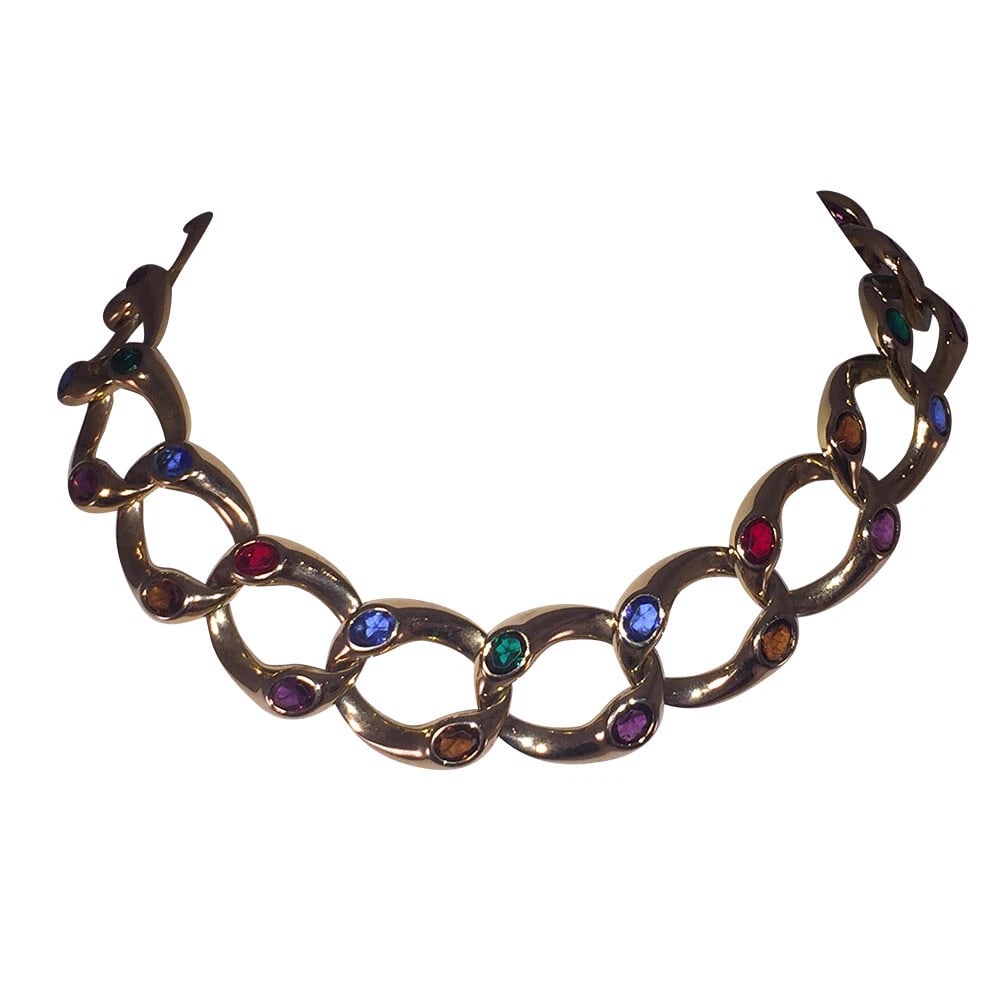 Vintage Signature Gold Tone Chain Link Necklace with Simulated Gemstones - 3