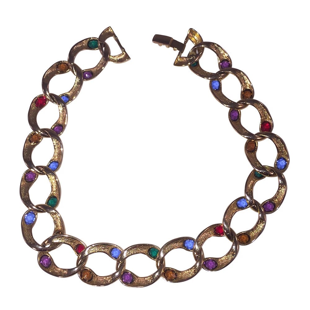 Vintage Signature Gold Tone Chain Link Necklace with Simulated Gemstones - 5
