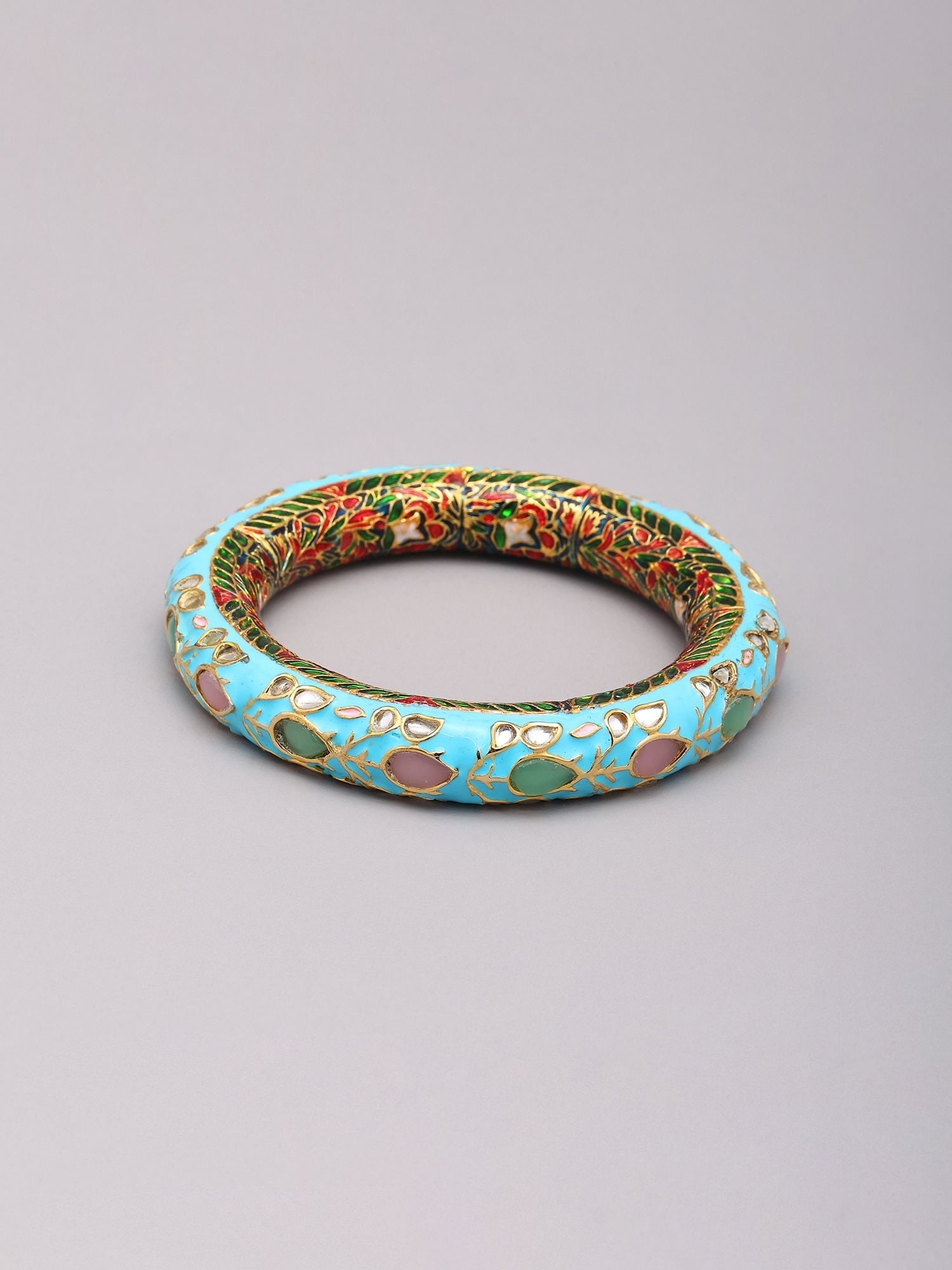 Turquoise Color Meenakari Kundan Bangles Pair with Floral Enamel Detailing: Title:Turquoise Color Meenakari Kundan Bangles Pair with Floral Enamel Detailing Reference:itemcode : JA0700 Reserve: $292.00 Shipping: Domestic: Shipping rates are determined by destination