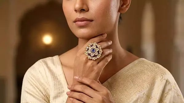 Stone Studded Kundan Floral Statement Adjustable Ring - 2