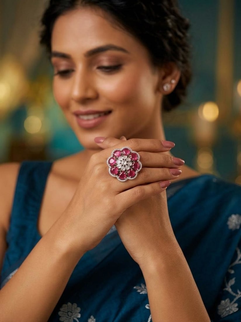 Red Floral Deign Stone Studded Adjustable Kundan Ring: Title:Red Floral Deign Stone Studded Adjustable Kundan Ring Reference:itemcode : JA0704 Reserve: $43.00 Shipping: Domestic: Shipping rates are determined by destination International: Foreign