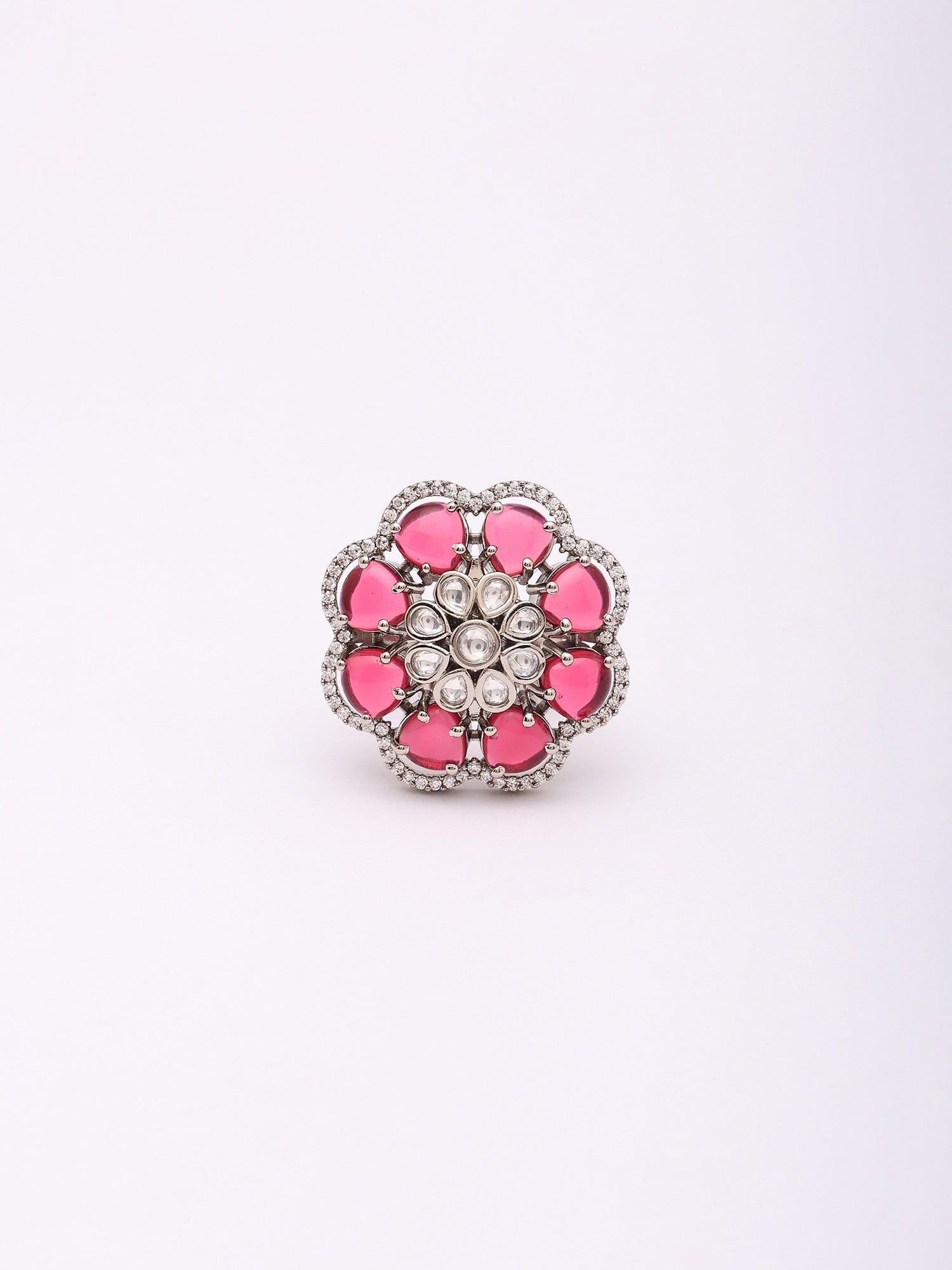 Red Floral Deign Stone Studded Adjustable Kundan Ring - 2