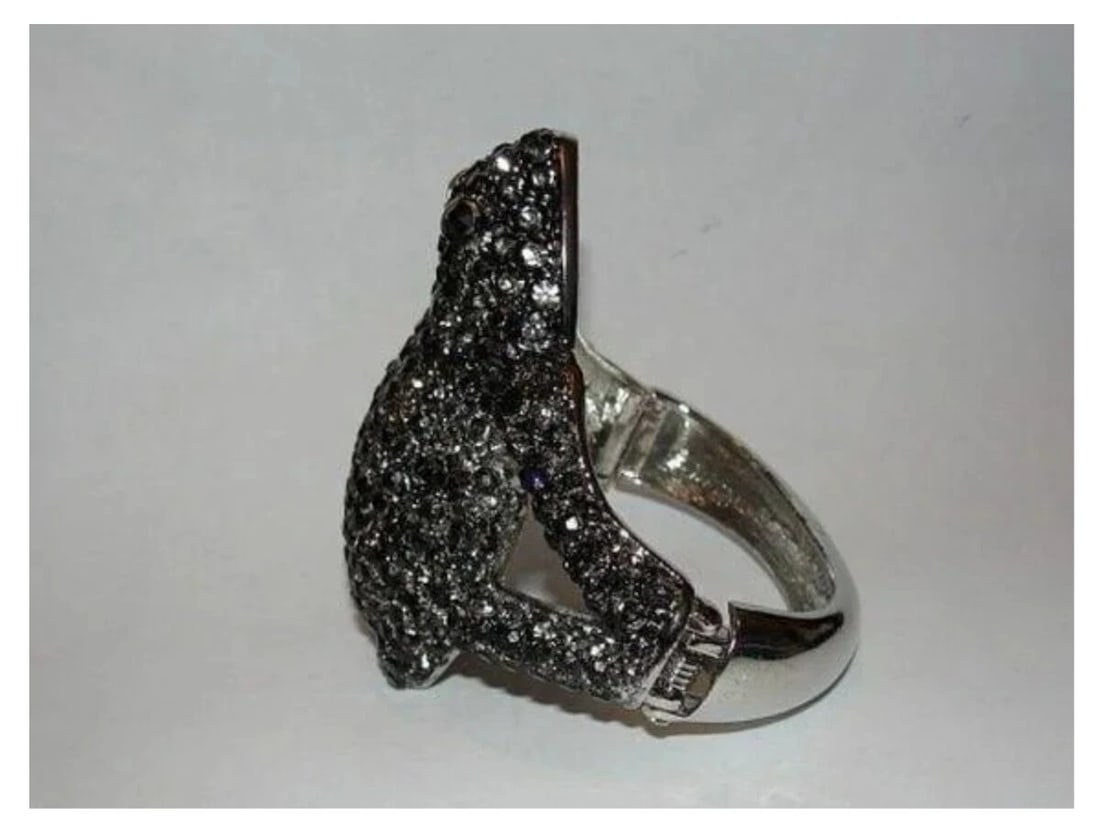 Silver Tone Costume Metal Rhinestone Frog Bracelet with Black Enamel - 4