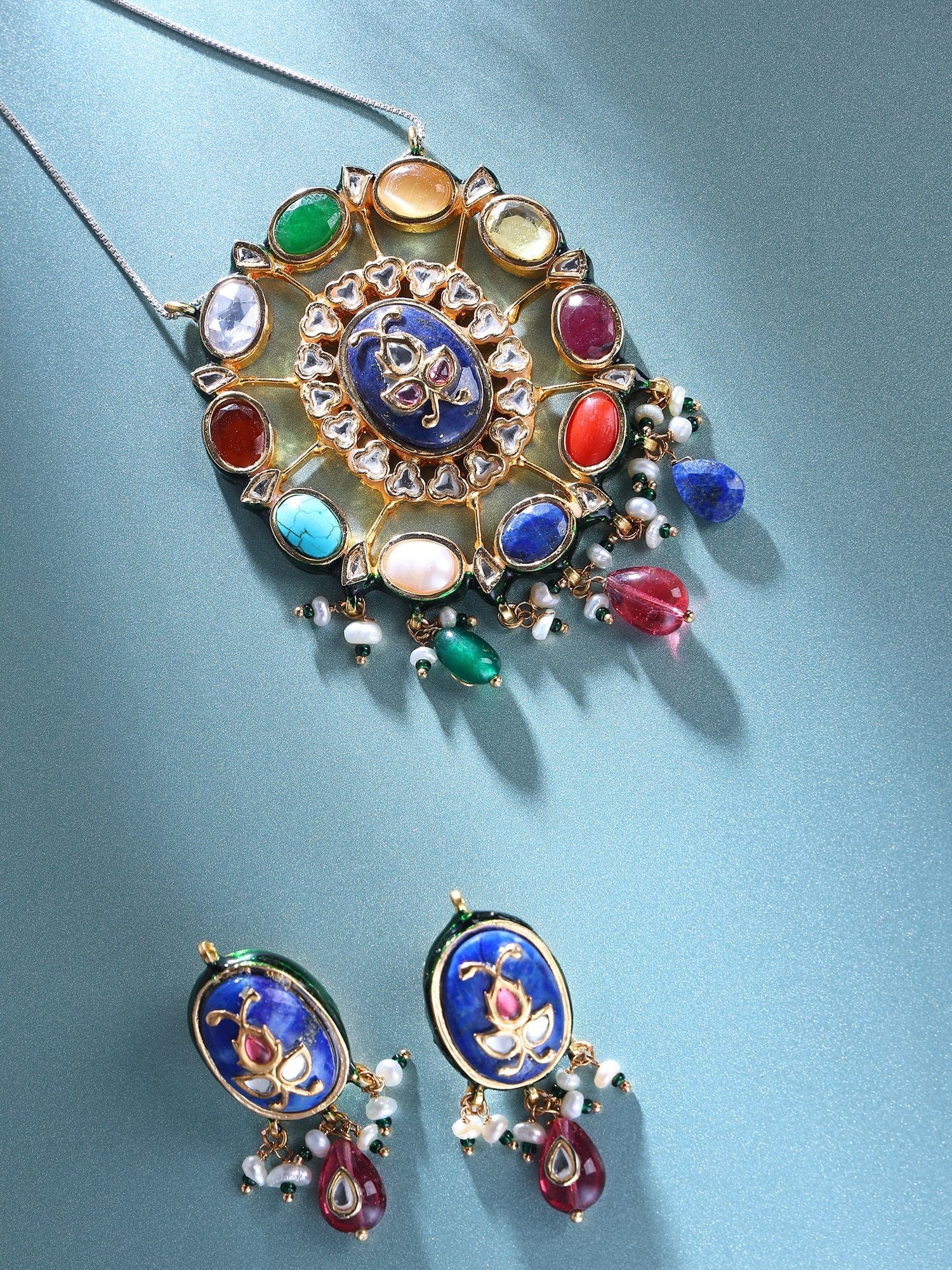 Oval Cut Navratna Stone Pendant and Earrings Set (1 of 2)