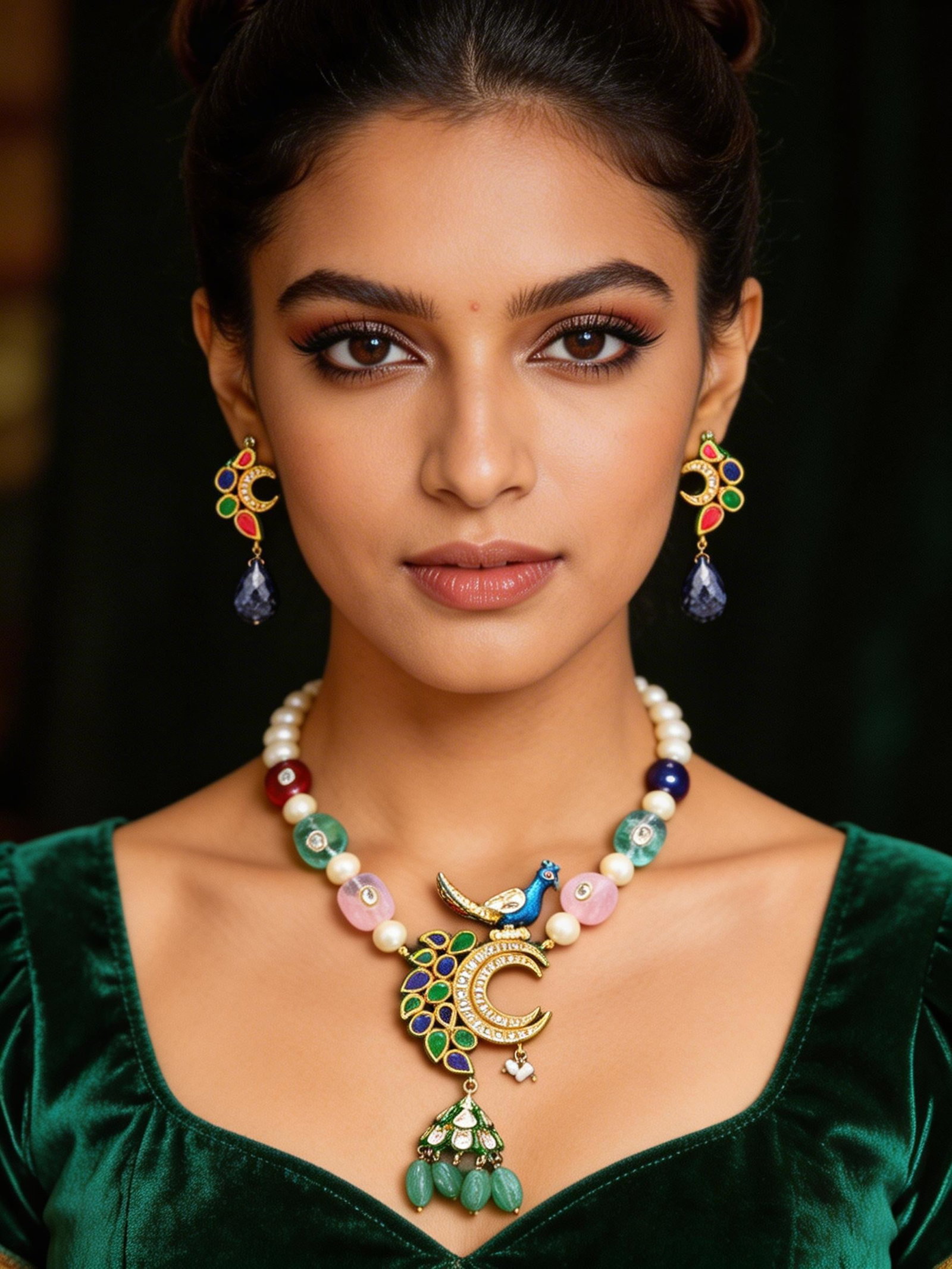 Peacock Crescent Lacquer Necklace Set with Pearls, Quartz and Kundan Detailing: Title:Peacock Crescent Lacquer Necklace Set with Pearls, Quartz and Kundan Detailing Reference:itemcode : JA0697 Reserve: $356.00 Shipping: Domestic: Shipping rates are determined by destination Inter