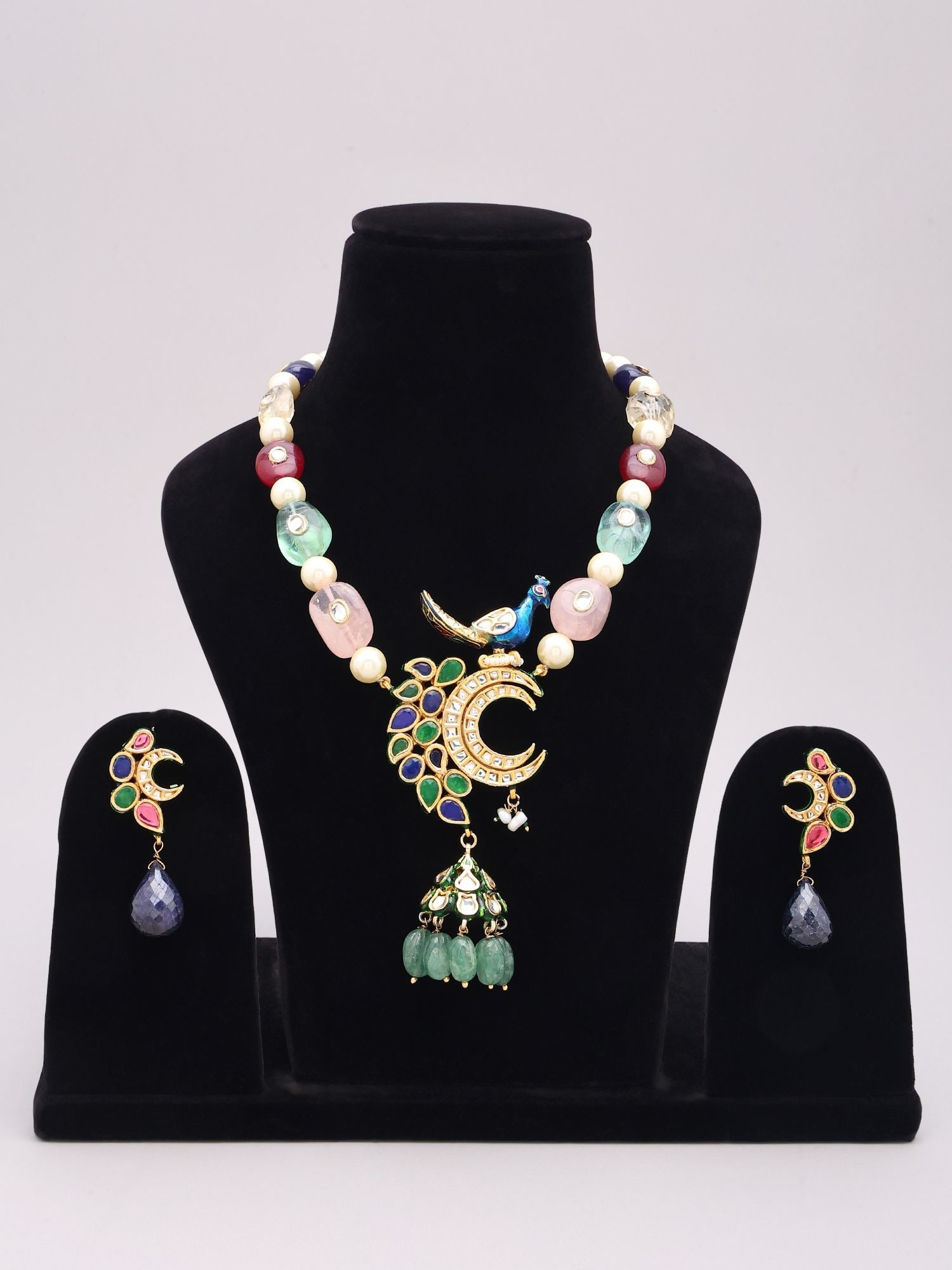 Peacock Crescent Lacquer Necklace Set with Pearls, Quartz and Kundan Detailing - 2