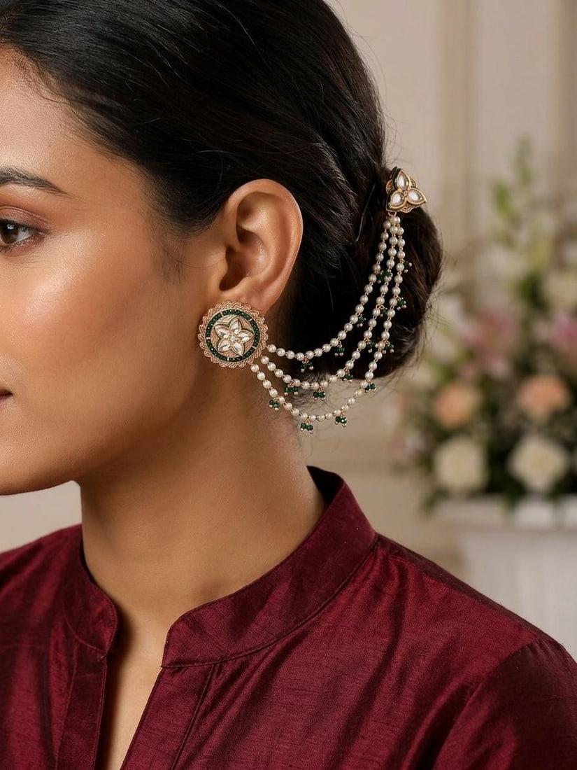 Floral Kundan Stud Earrings with Dual Pearl Ear Chain (Kaan Chain): Title:Floral Kundan Stud Earrings with Dual Pearl Ear Chain (Kaan Chain) Reference:itemcode : JA0742 Reserve: $54.00 Shipping: Domestic: Shipping rates are determined by destination International: For
