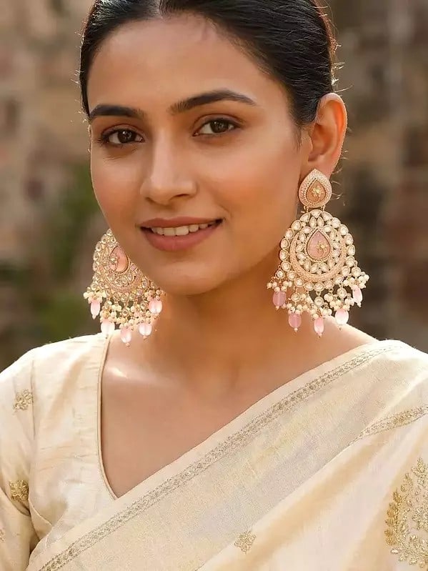 Stone Studded Kundan Chandbali Earrings with Pearl and Bead Drops: Title:Stone Studded Kundan Chandbali Earrings with Pearl and Bead Drops Reference:itemcode : JA0741-Red Reserve: $86.00 Shipping: Domestic: Shipping rates are determined by destination International: 