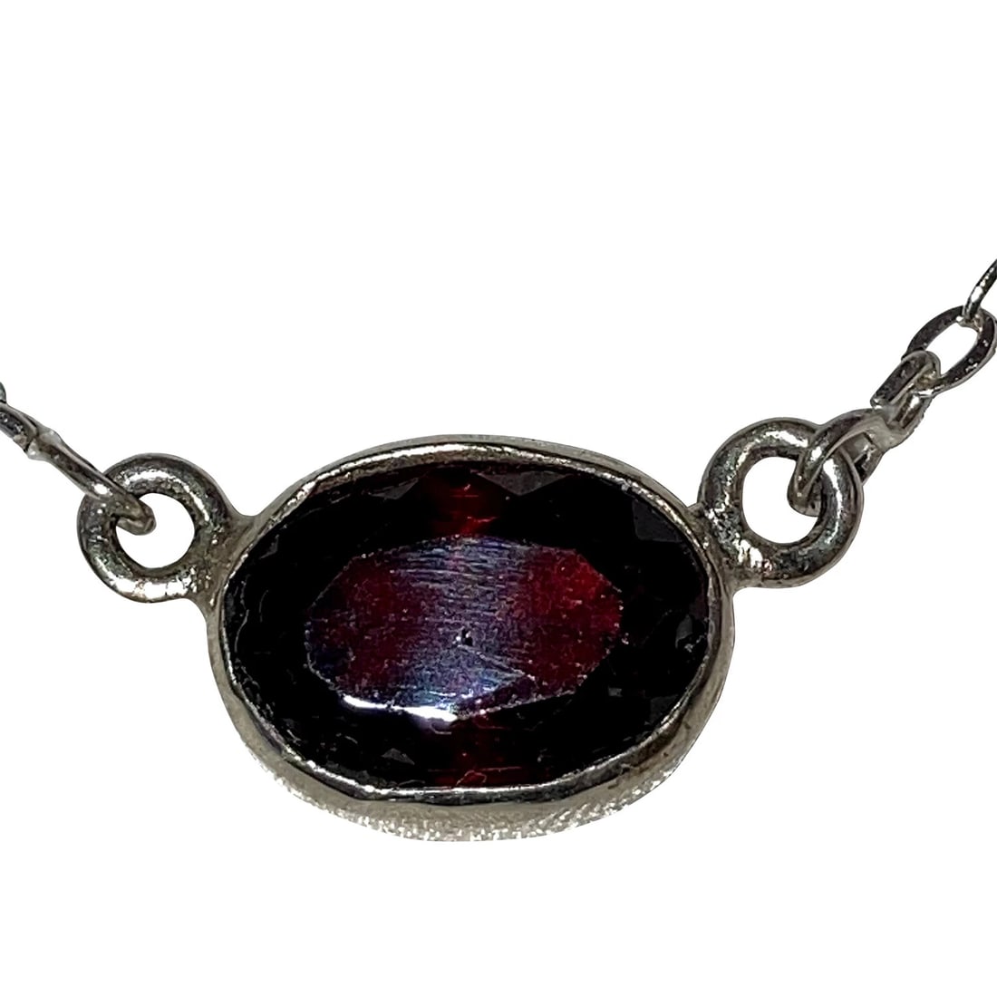 Sterling Silver Hand Made Artisan Bezel Set Faceted Red Garnet Oval Necklace (1 of 6)