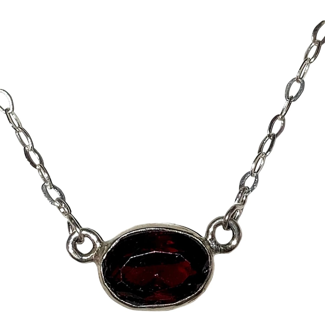 Sterling Silver Hand Made Artisan Bezel Set Faceted Red Garnet Oval Necklace - 3
