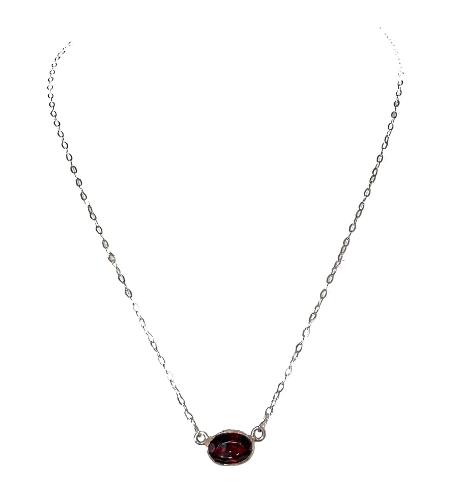 Sterling Silver Hand Made Artisan Bezel Set Faceted Red Garnet Oval Necklace - 4