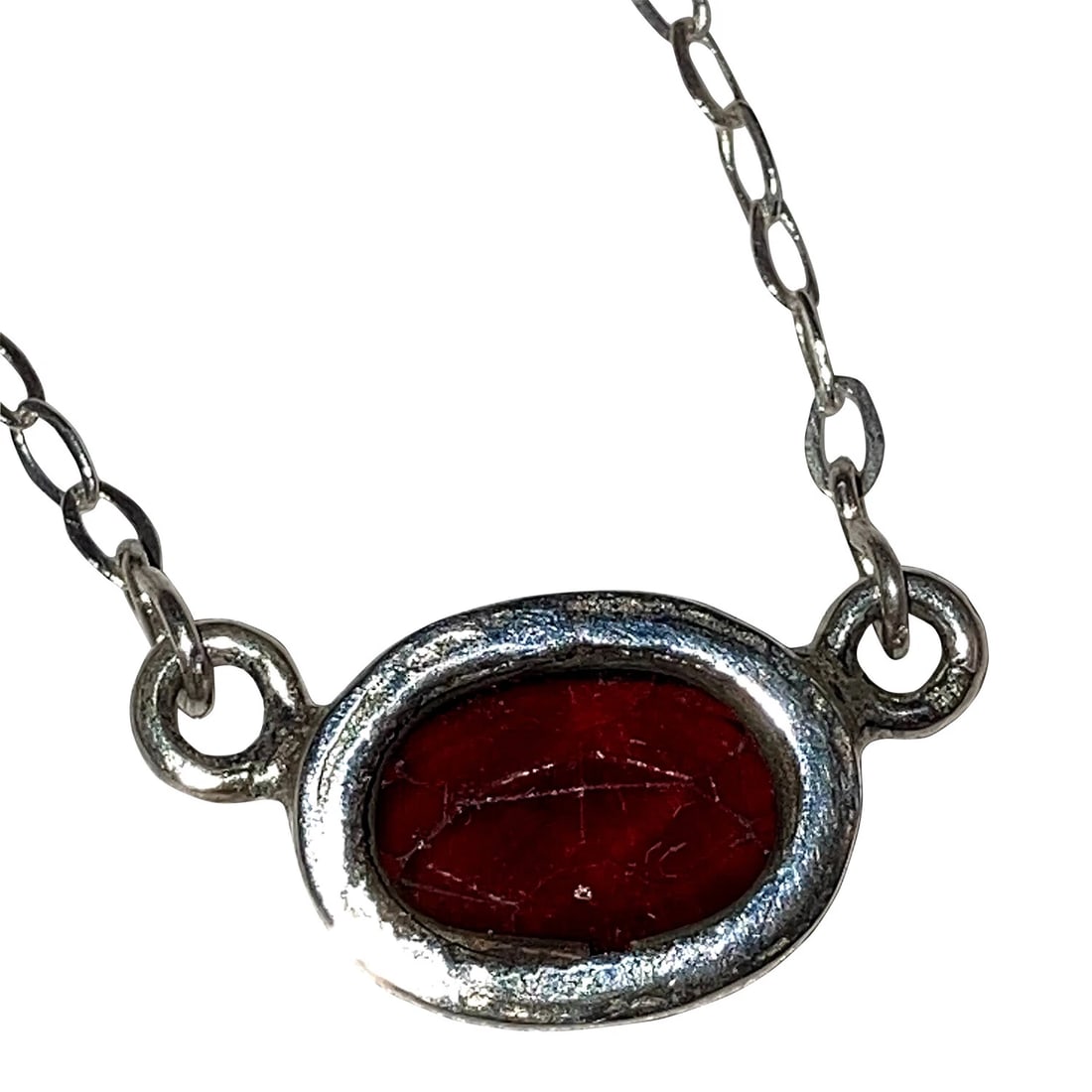 Sterling Silver Hand Made Artisan Bezel Set Faceted Red Garnet Oval Necklace - 5