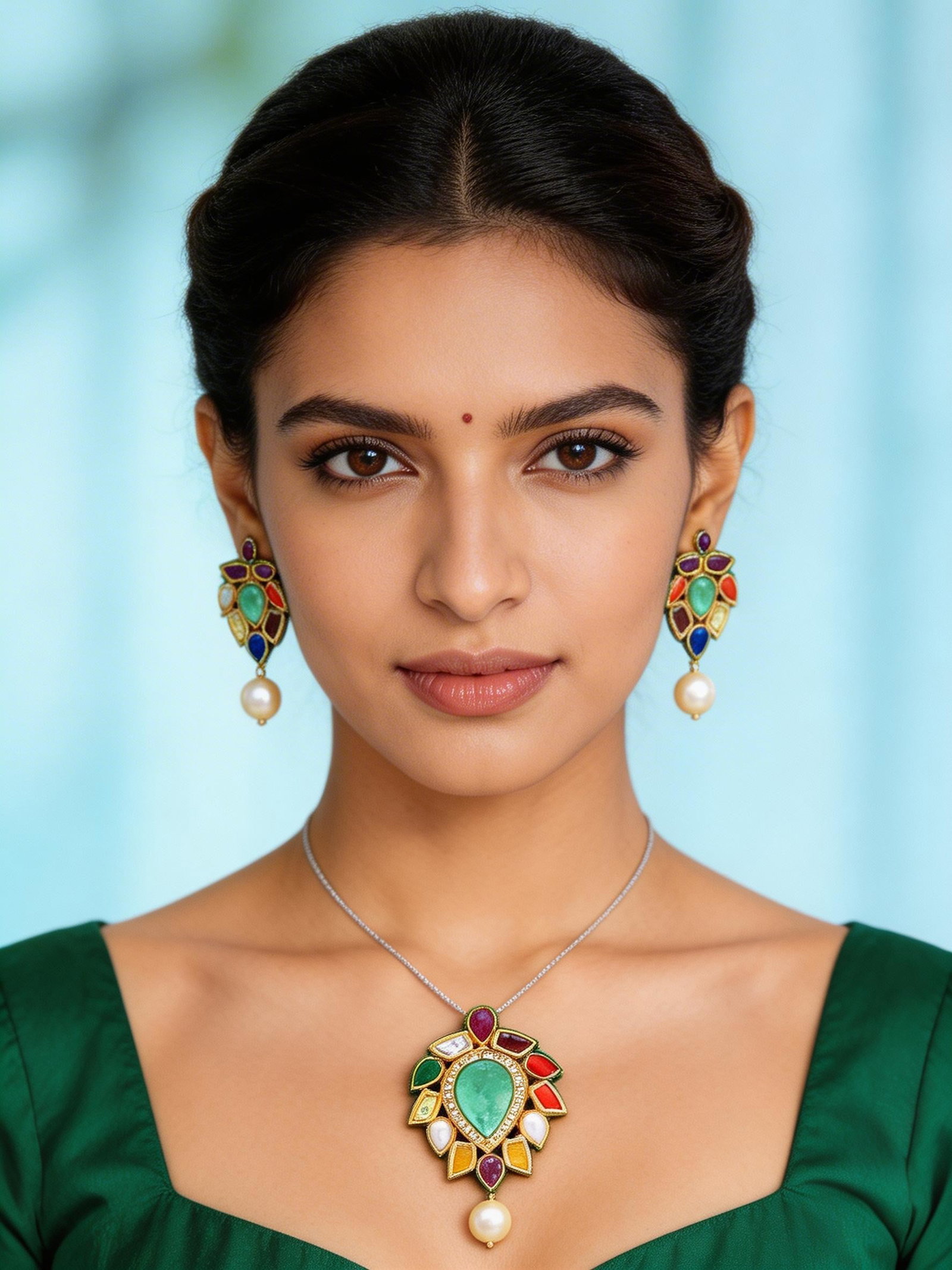 Leaf Design Navratna Pendant and Earrings Set with Pearl Drops: Title:Leaf Design Navratna Pendant and Earrings Set with Pearl Drops Reference:itemcode : JA0709 Reserve: $162.00 Shipping: Domestic: Shipping rates are determined by destination International: Foreig