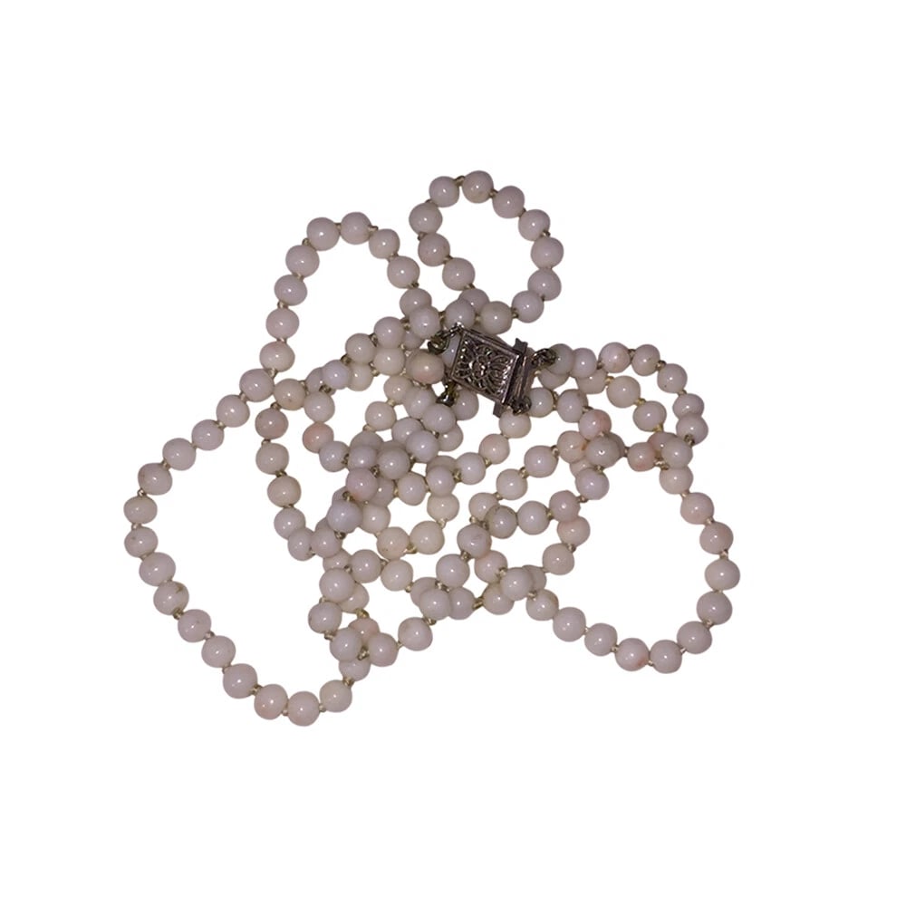 Double Strand Angel Skin Coral Bead Necklace with 14 kt Gold Filigree Box Clasp - 3