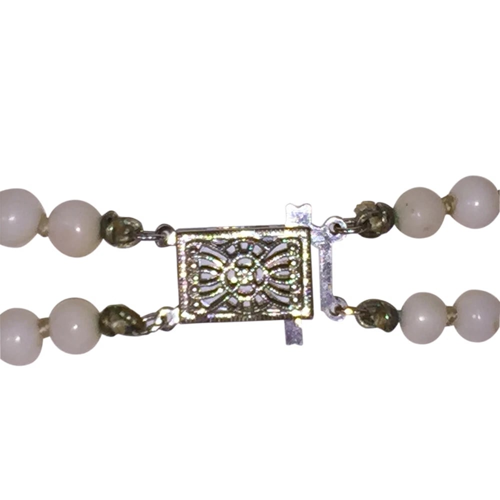 Double Strand Angel Skin Coral Bead Necklace with 14 kt Gold Filigree Box Clasp - 5