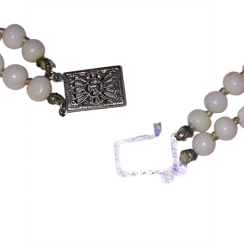 Double Strand Angel Skin Coral Bead Necklace with 14 kt Gold Filigree Box Clasp - 6