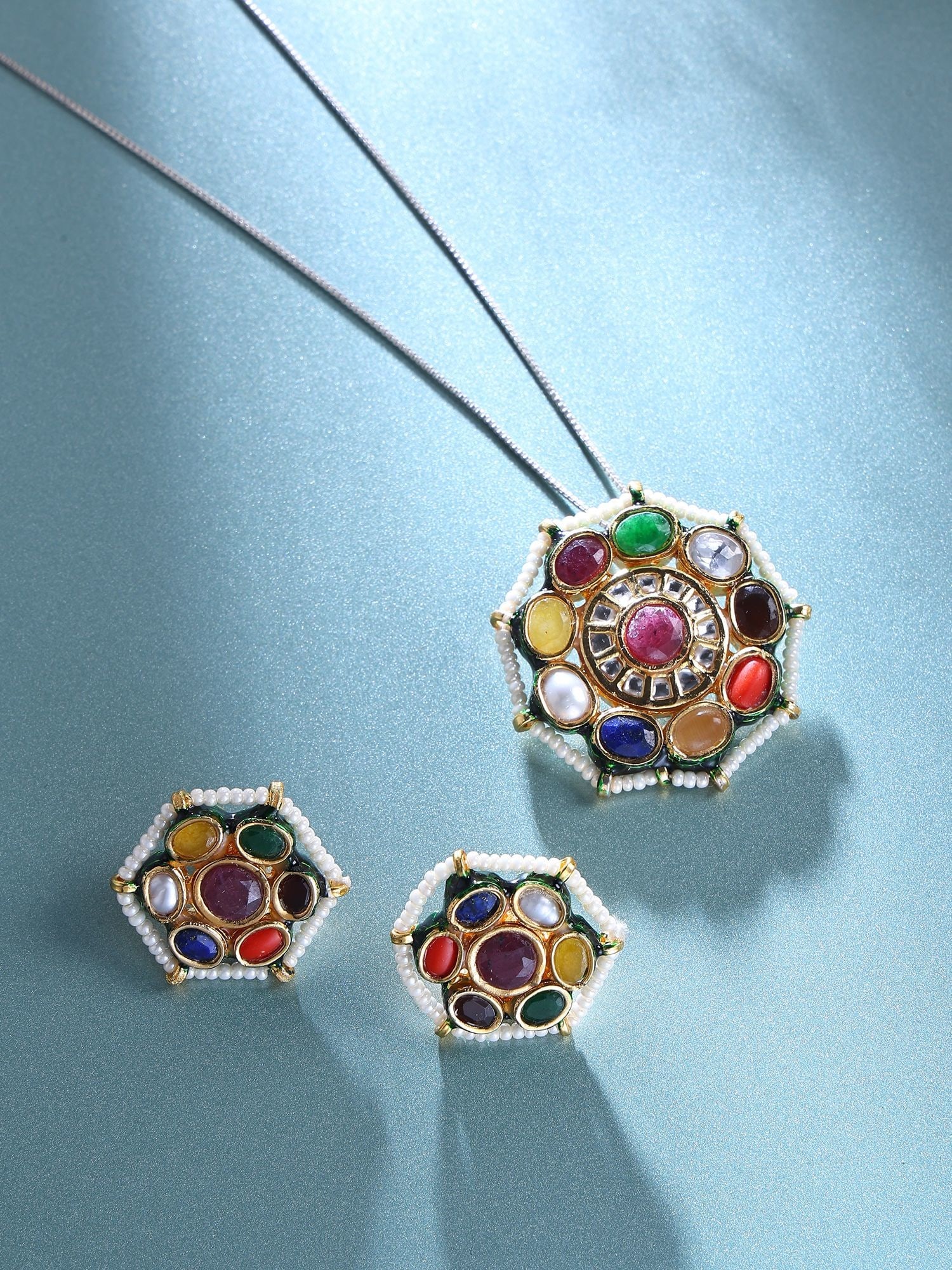 Floral Design Navratna Pendant and Earrings Set with Kundan Work: Title:Floral Design Navratna Pendant and Earrings Set with Kundan Work Reference:itemcode : JA0703 Reserve: $119.00 Shipping: Domestic: Shipping rates are determined by destination International: