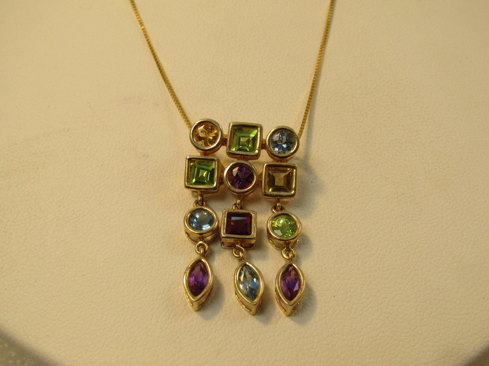 Vintage 14kt Mixed Gem Dangle Pendant Necklace, 16", 1980's-1990's - 2