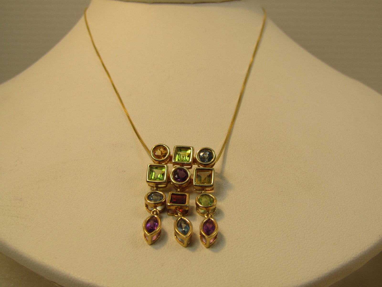 Vintage 14kt Mixed Gem Dangle Pendant Necklace, 16", 1980's-1990's - 3