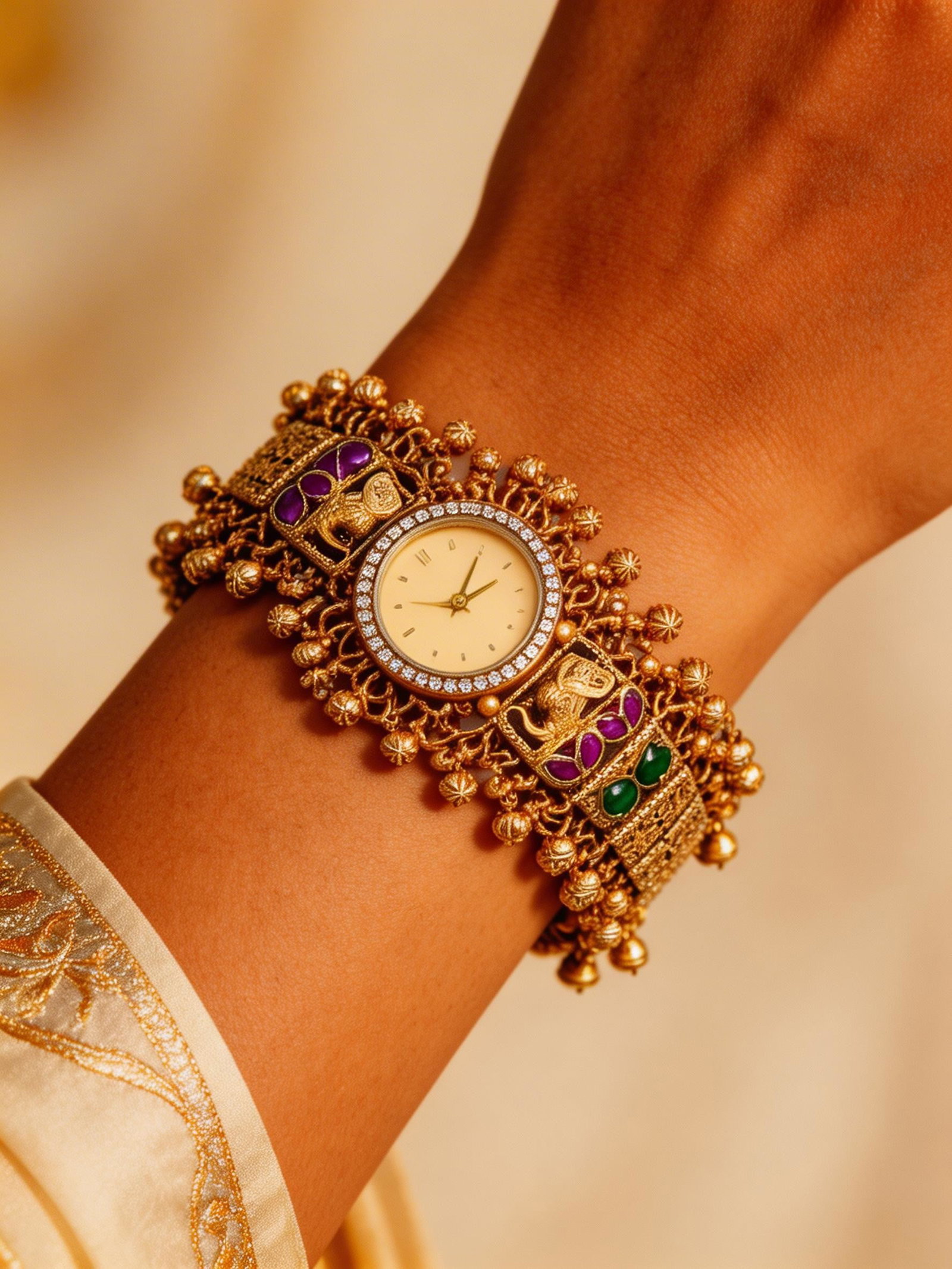 Traditional Kundan Studded Kashmiri Watch with Ghungroo Drops: Title:Traditional Kundan Studded Kashmiri Watch with Ghungroo Drops Reference:itemcode : JA0684 Reserve: $76.00 Shipping: Domestic: Shipping rates are determined by destination International: Foreign 