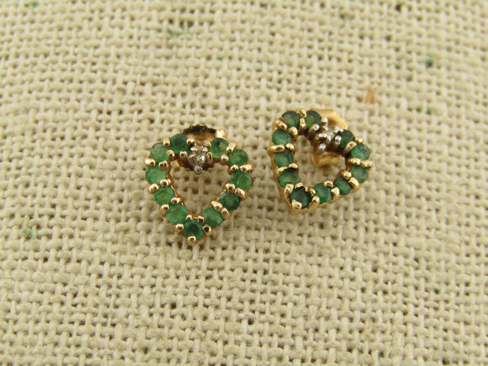 Vintage 10kt Emerald/Diamond Heart Framed Earrings, Pierced, 1970's-1980's (1 of 6)