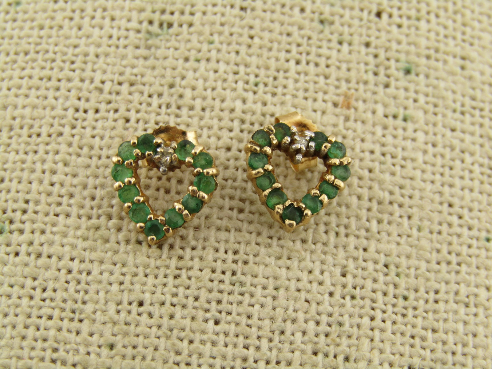 Vintage 10kt Emerald/Diamond Heart Framed Earrings, Pierced, 1970's-1980's - 2