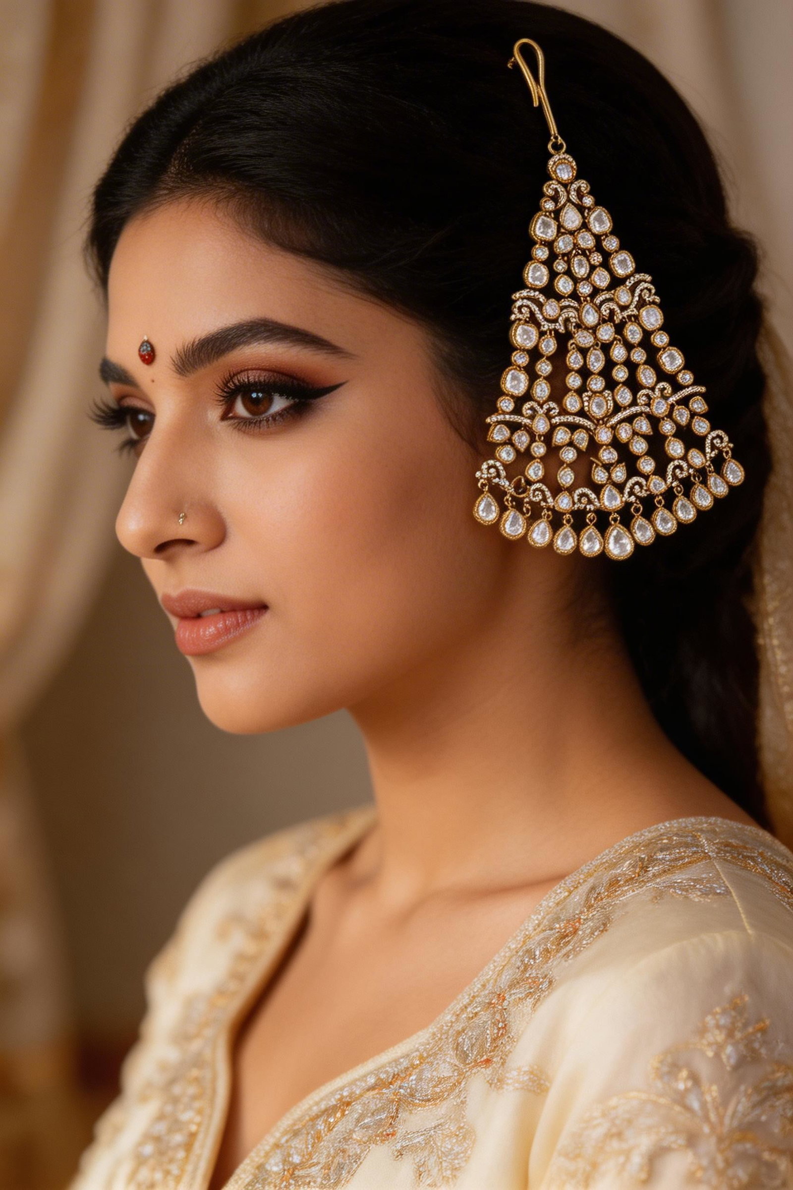 Traditional Kundan Bridal Passa (Side Tikka) with Stone Studded Teardrop Design: Title:Traditional Kundan Bridal Passa (Side Tikka) with Stone Studded Teardrop Design Reference:itemcode : JA0723 Reserve: $113.00 Shipping: Domestic: Shipping rates are determined by destination Inte