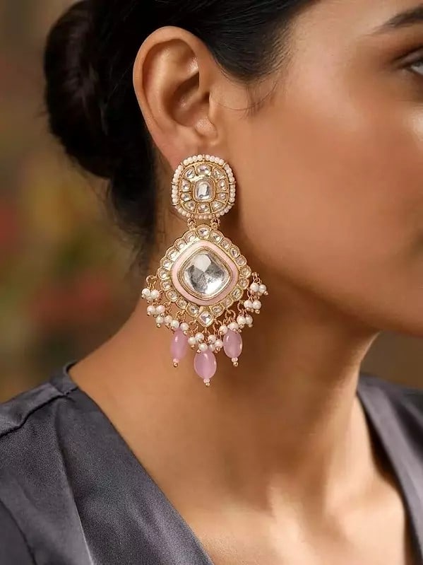 Kundan Drop Earrings with Pearl Bunch and Glass Bead Dangles: Title:Kundan Drop Earrings with Pearl Bunch and Glass Bead Dangles Reference:itemcode : JA0743-Purple-white Reserve: $59.00 Shipping: Domestic: Shipping rates are determined by destination