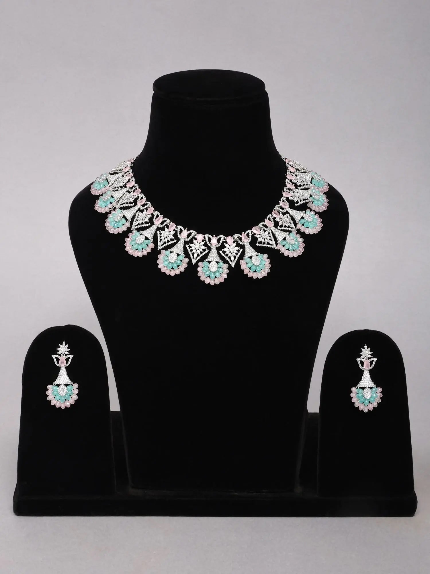 Stone Studded American Diamond Choker Necklace Set with Drop Earrings: Title:Stone Studded American Diamond Choker Necklace Set with Drop Earrings Reference:itemcode : JA0687 Reserve: $216.00 Shipping: Domestic: Shipping rates are determined by destination International: