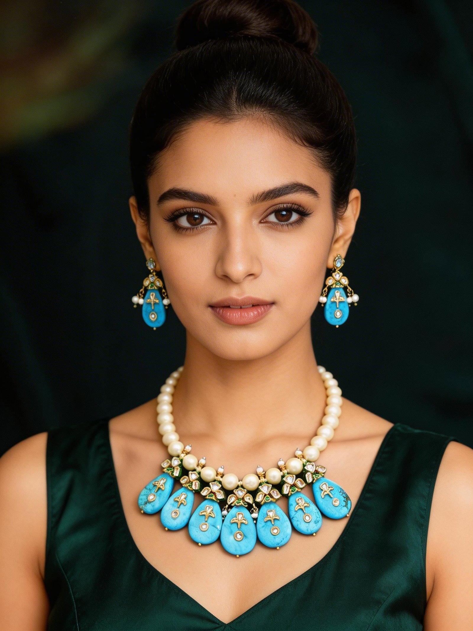 Turquoise Lacquer Stone Drop Necklace Set with Pearls and Kundan Detailing: Title:Turquoise Lacquer Stone Drop Necklace Set with Pearls and Kundan Detailing Reference:itemcode : JA0691 Reserve: $270.00 Shipping: Domestic: Shipping rates are determined by destination