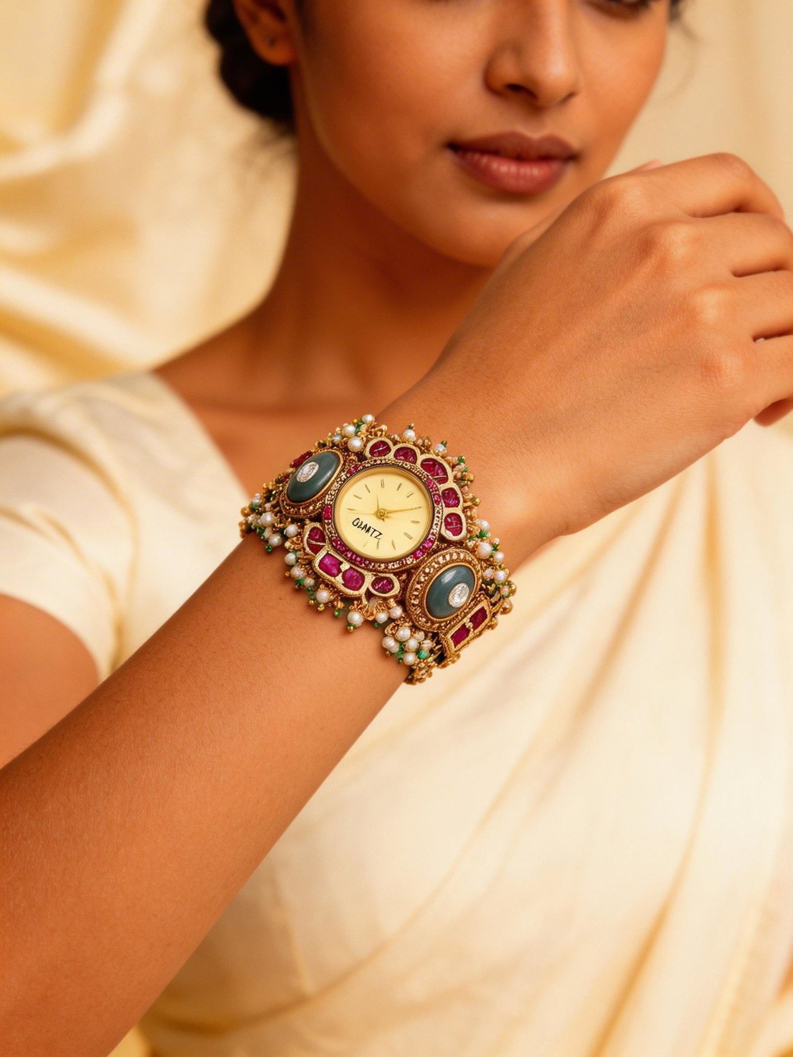 Floral Kundan Studded Kashmiri Watch with Meenakari Detailing and Bead Drops: Title:Floral Kundan Studded Kashmiri Watch with Meenakari Detailing and Bead Drops Reference:itemcode : JA0685 Reserve: $70.00 Shipping: Domestic: Shipping rates are determined by destination Internat