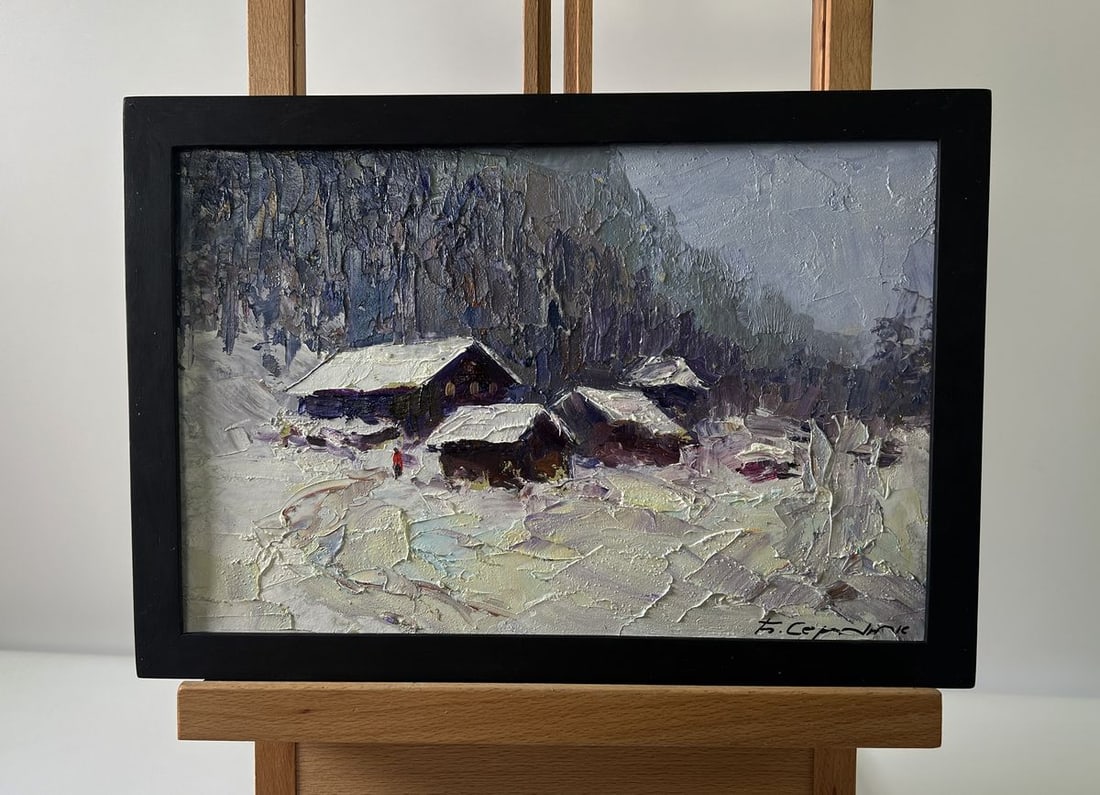 Oil painting Winter village Boris Serdyuk: Title: Oil painting Winter village Boris Serdyuk Description: NoAAA5741The Oil painting Cardboard titled Winter village" captures the quiet stillness and profound beauty of a remote rural settlement e