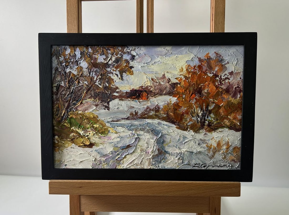 Oil painting Snowy road in the forest Boris Serdyuk: Title: Oil painting Snowy road in the forest Boris Serdyuk Description: NoAAA5742The Oil painting Cardboard titled Snowy road in the forest" captures the quiet, contemplative mood of a wintry