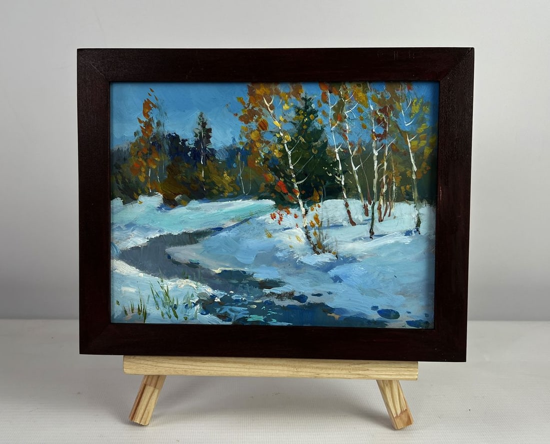 Oil painting The beauty of the winter forest Yuriy Suprunchuk: Title: Oil painting The beauty of the winter forest Yuriy Suprunchuk Description: NoAAA4970The oil painting on cardboard titled The Beauty of the Winter Forest" offers a breathtaking depiction of a se