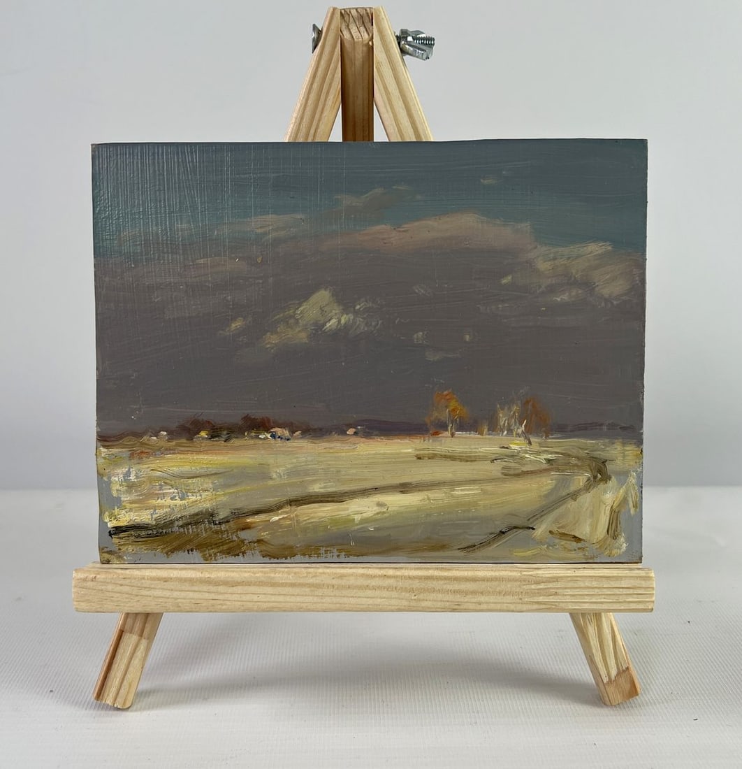Oil painting Winter morning in the village Sergey Polyakov: Title: Oil painting Winter morning in the village Sergey Polyakov Description: NoAAA5051The oil painting on Cardboard titled Winter Morning in the Village" captures the quiet, muted beauty of a countr