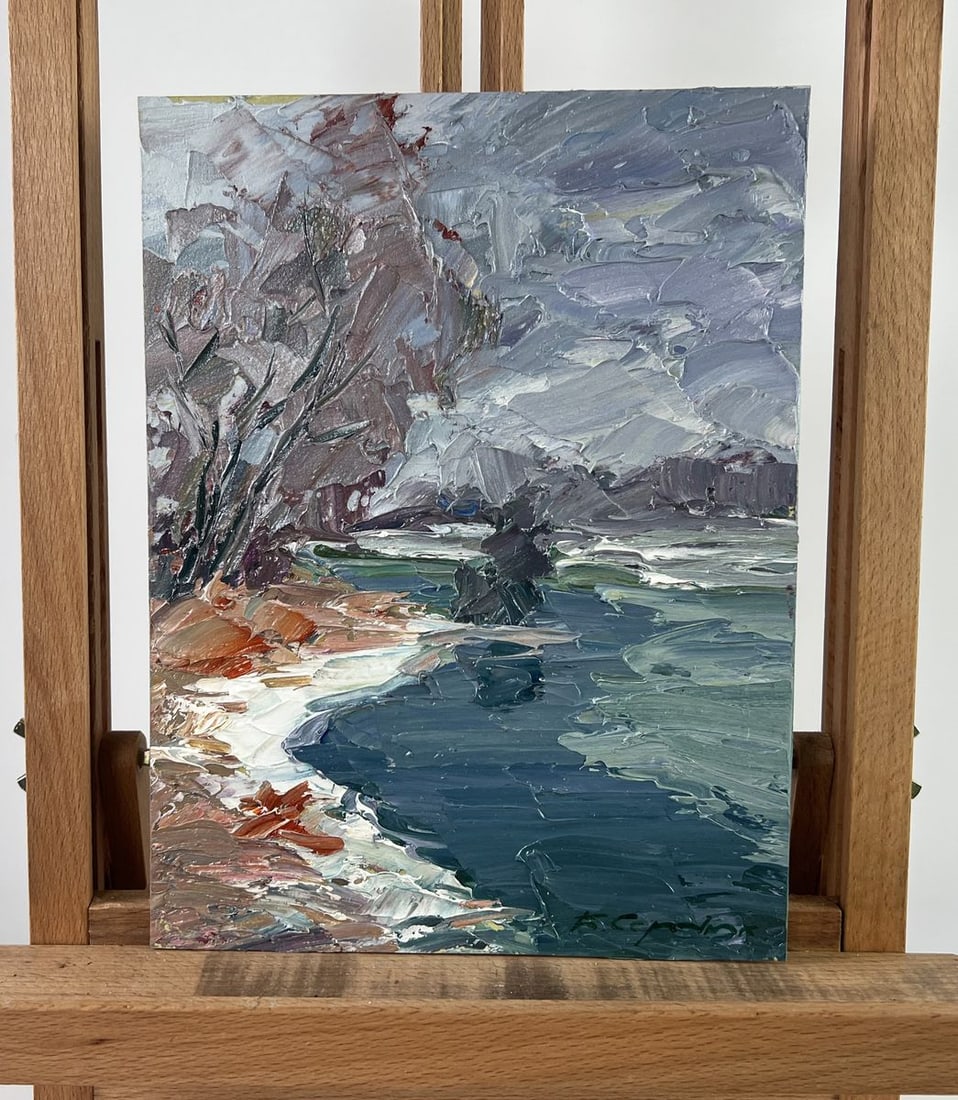 Oil painting River against the backdrop of snowy trees Boris Serdyuk: Title: Oil painting River against the backdrop of snowy trees Boris Serdyuk Description: NoAAA4761The oil painting on Cardboard titled River against the backdrop of snowy trees" captures the stark,