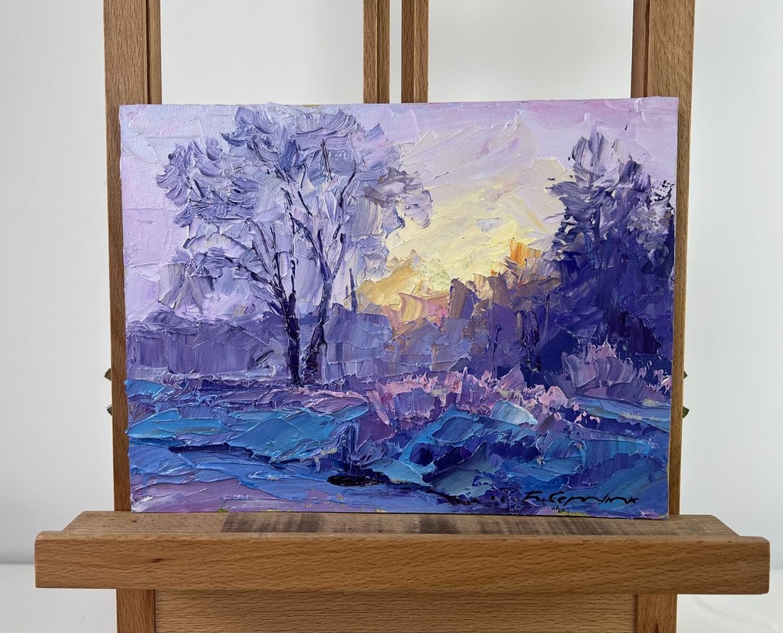 Oil painting Winter weaves snowy silence Boris Serdyuk: Title: Oil painting Winter weaves snowy silence Boris Serdyuk Description: NoAAA4786The oil painting on Cardboard titled Winter Weaves Snowy Silence" captures the serene and ethereal beauty of a winte