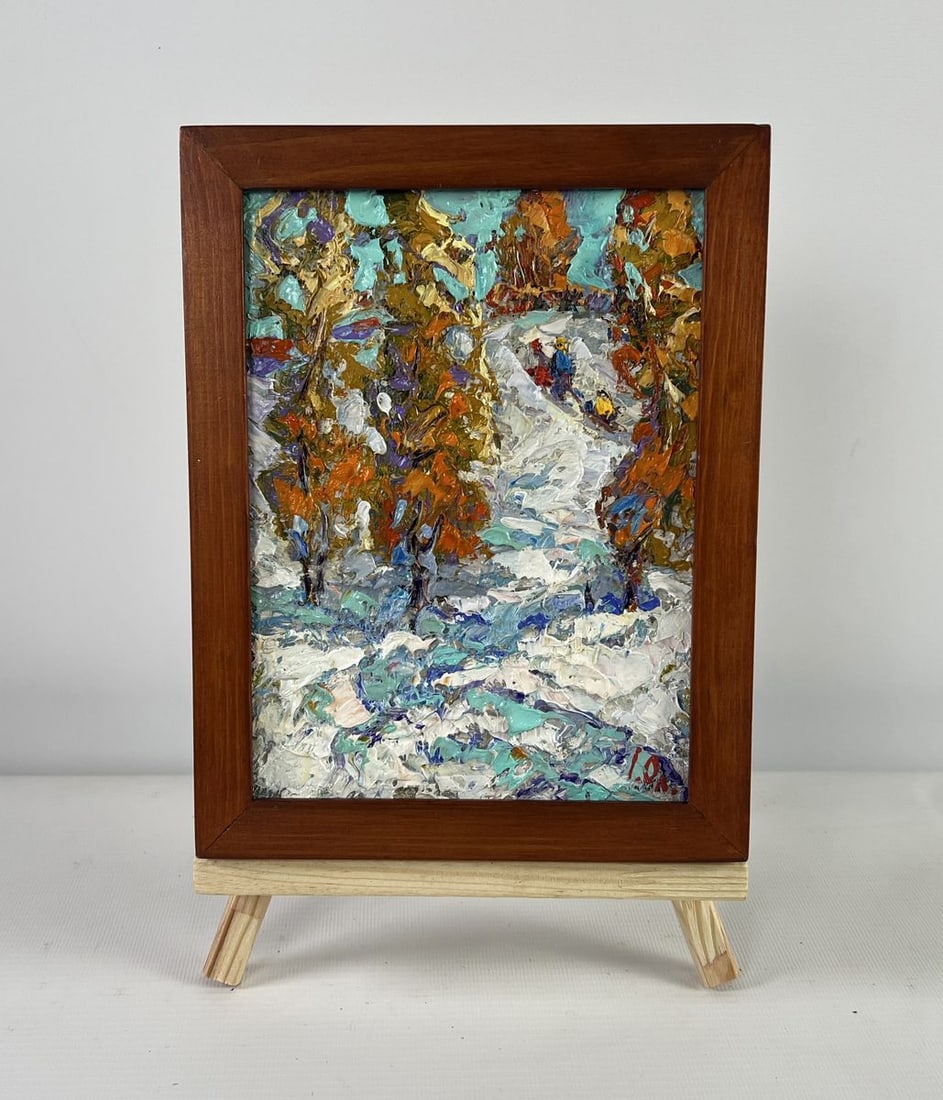 Oil painting The first snow fell Alex Kalenyuk: Title: Oil painting The first snow fell Alex Kalenyuk Description: NoAAA5135The oil painting on Cardboard titled The first snow fell" captures the ephemeral magic of the changing seasons-a moment when